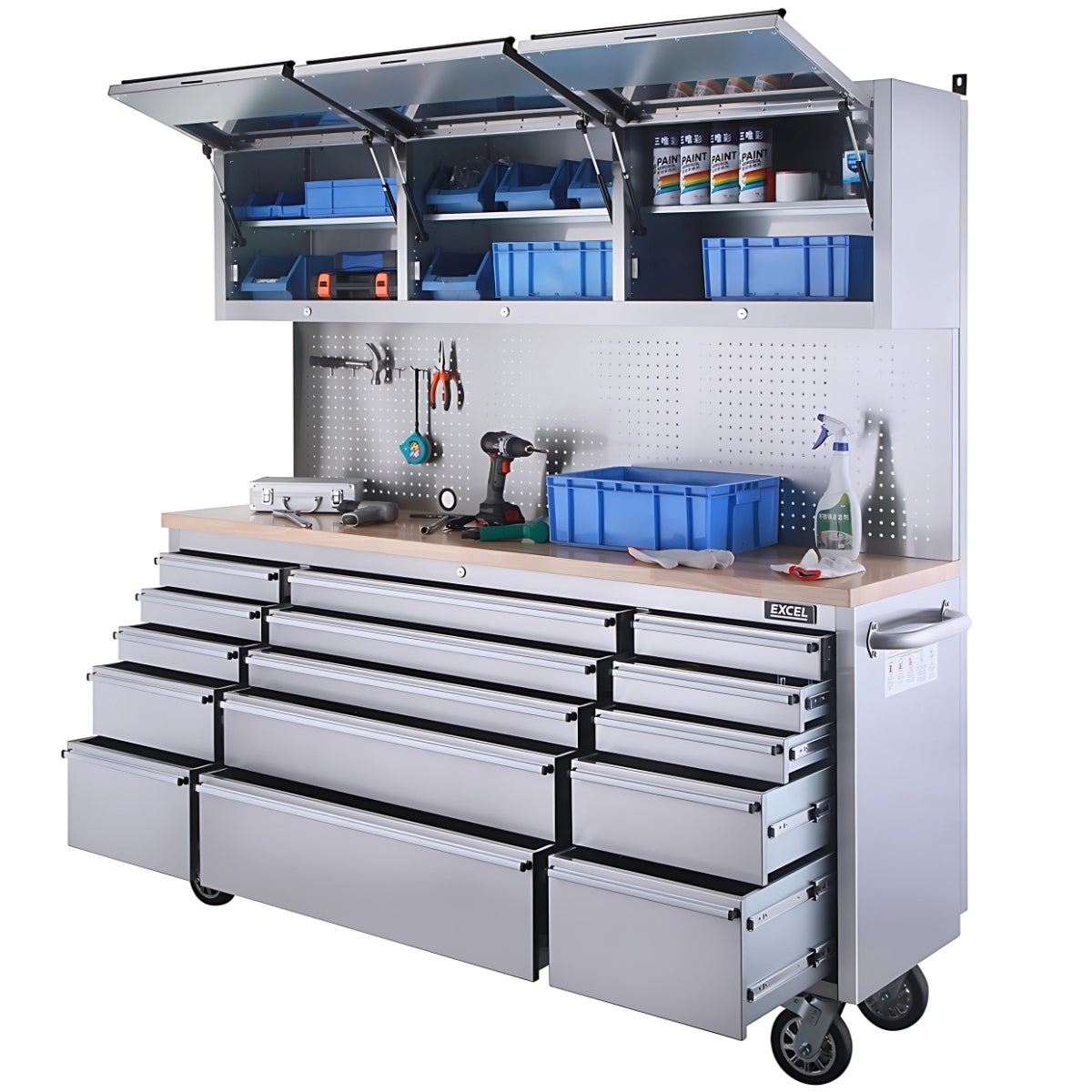 Excel 72inch 15 Drawer Stainless Steel Workbench Roller Tool Chest Cabinet with 3 Overhead Cabinets & Tall Cabinet