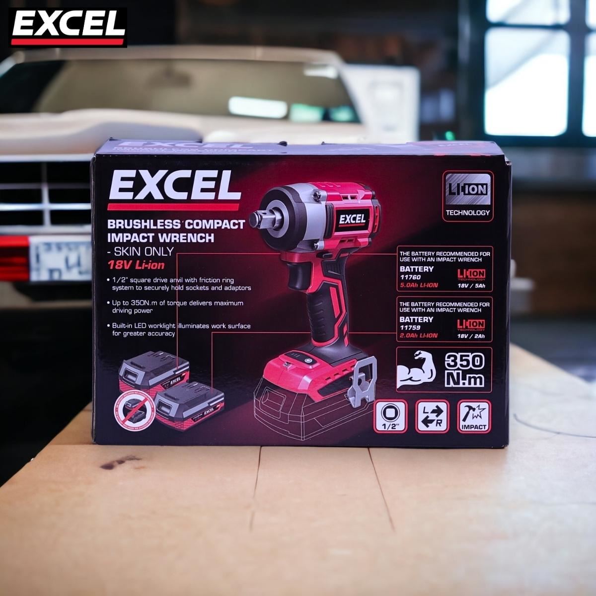 Excel 18V Cordless Brushless 1/2'' Impact Wrench with 1 x 4.0Ah Battery Charger & Bag