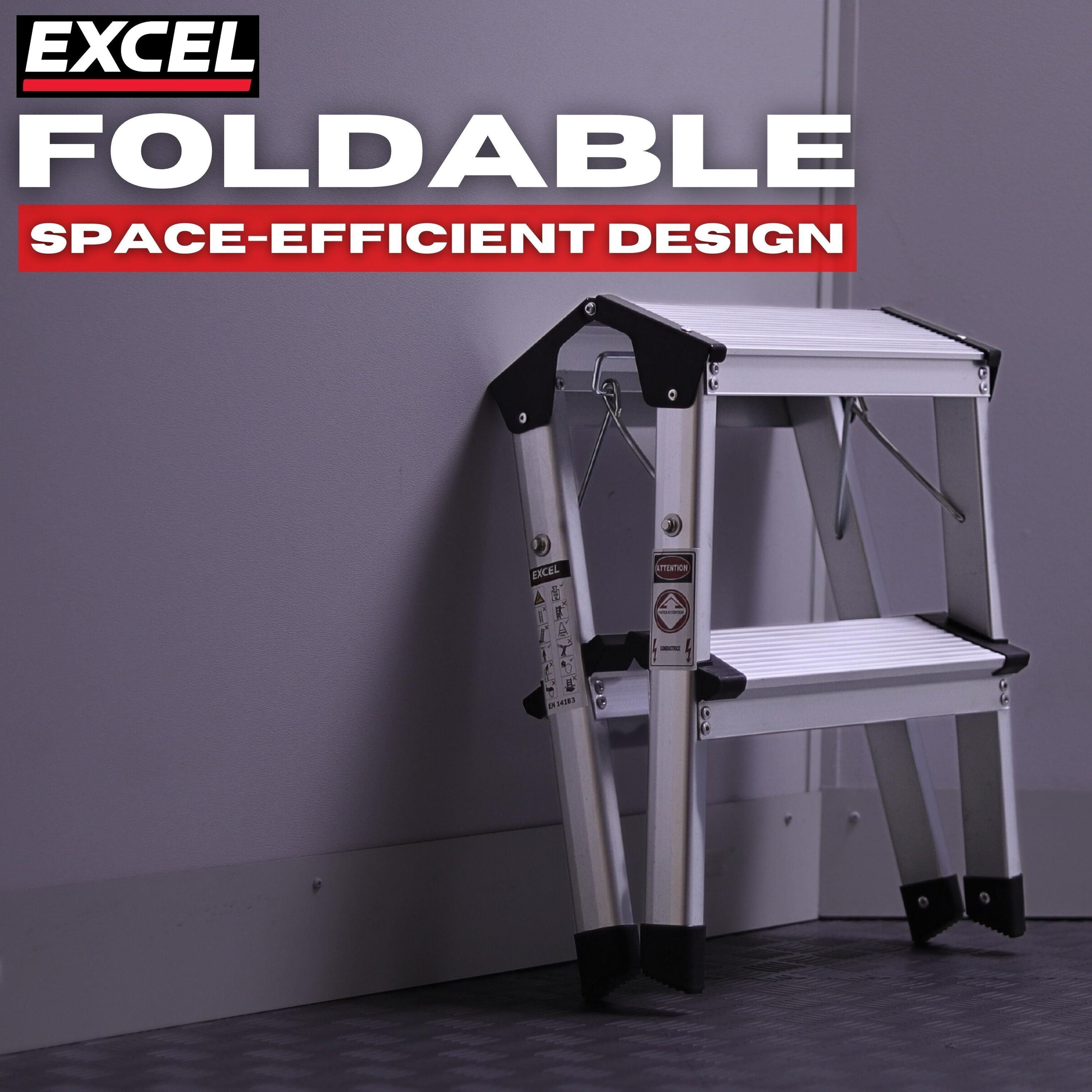 Excel Aluminium Stool Ladder 2 Tread Heavy Duty Folding Hop Up 350mm x 400mm Item Condition Box Opened Never Used