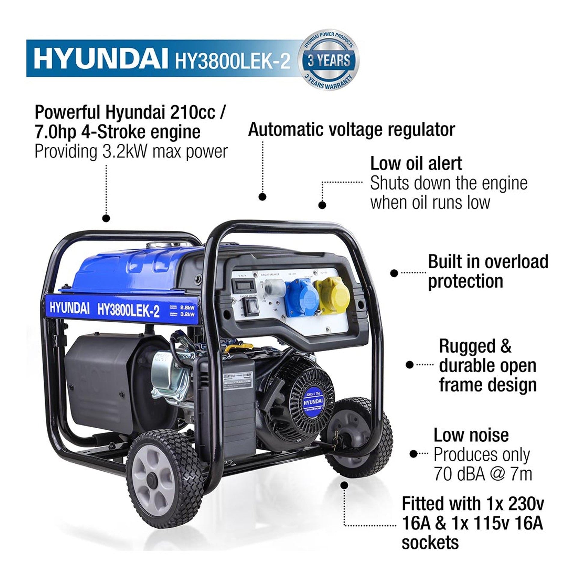 Hyundai HY3800LEK-2 Petrol Site Open Generator with Electric, Recoil Start & Wheel Kit 3200W/230V