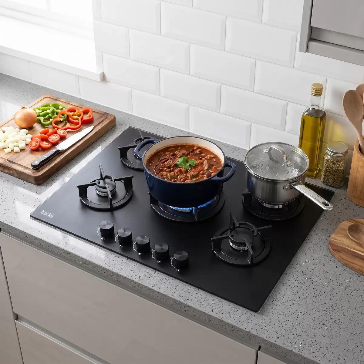 Sealey DH384 Baridi 70cm Gas Hob Matt Black with 5 Burners, Cast Iron Supports & Auto Ignition 10.4kW/230V