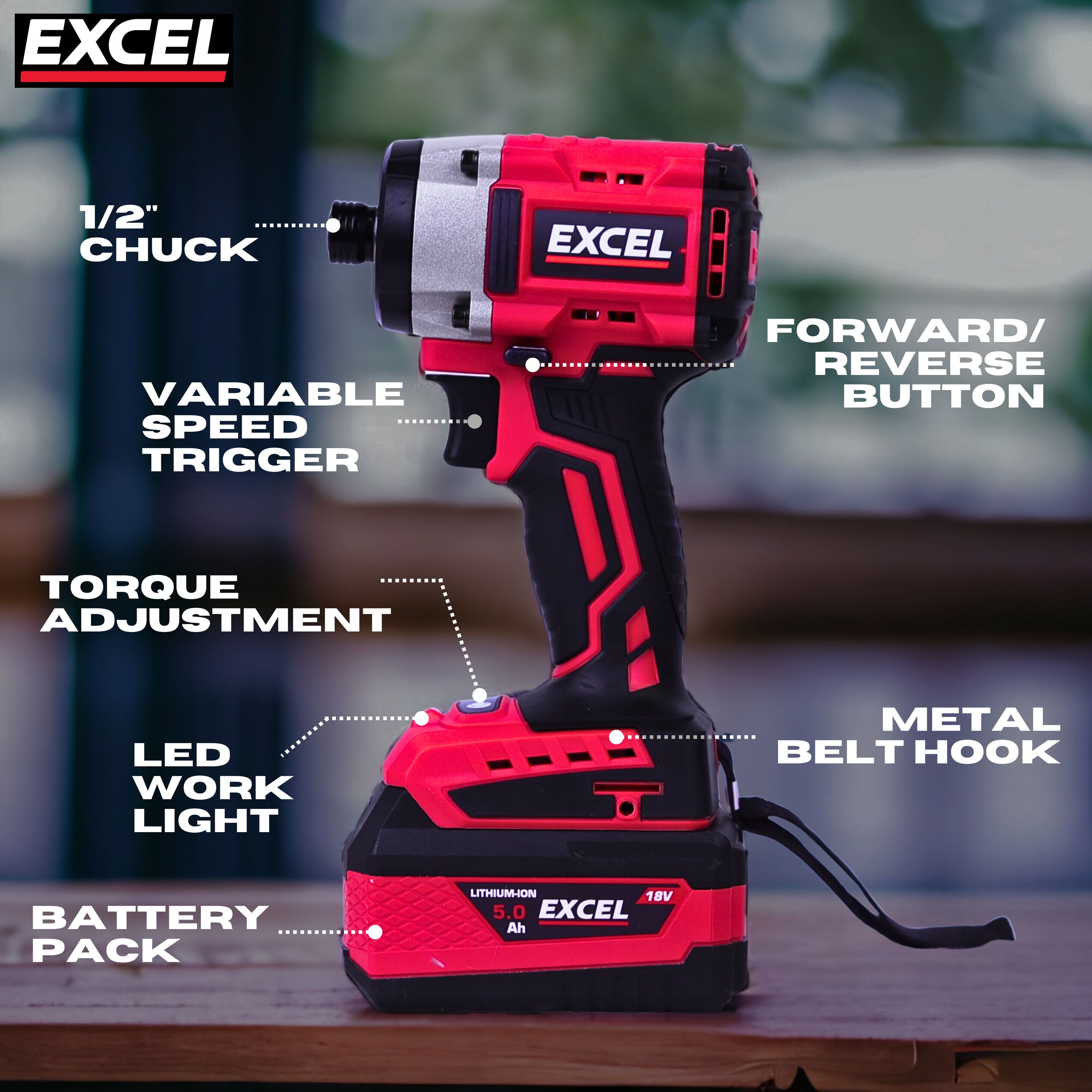 Excel 18V Cordless Brushless Impact Driver with 1 x 5.0Ah Battery Charger & Bag