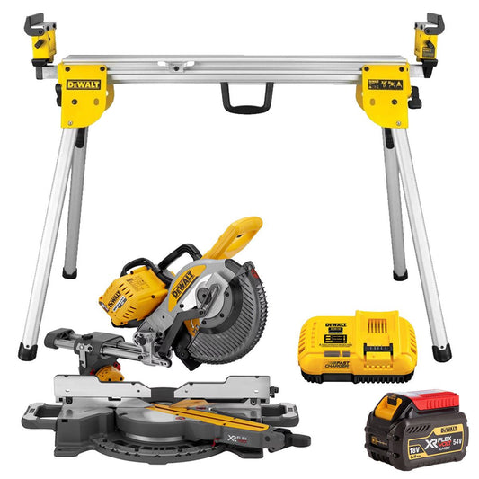 Dewalt DCS727N 54V XR FlexVolt Brushless Slide Mitre Saw with 1 x 6.0Ah Battery Charger & Leg Stand