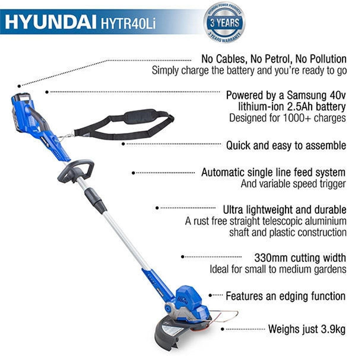 Hyundai HYTR40Li 40V Cordless Grass Trimmer 2.5Ah Li-ion Battery and Charger 33cm Cutting Width