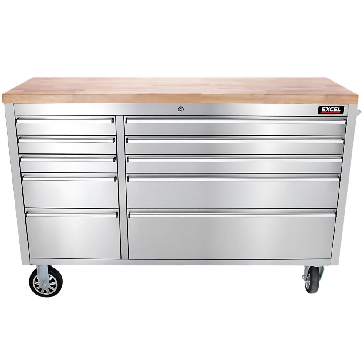 Excel 55inch 10 Drawer Stainless Steel Workbench Roller Tool Chest Cabinet with Pegboard & Tall Cabinet