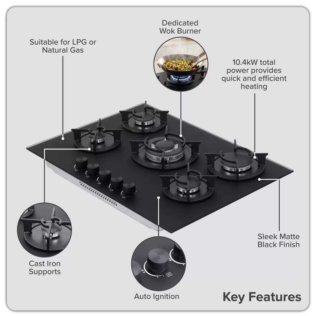 Sealey DH384 Baridi 70cm Gas Hob Matt Black with 5 Burners, Cast Iron Supports & Auto Ignition 10.4kW/230V
