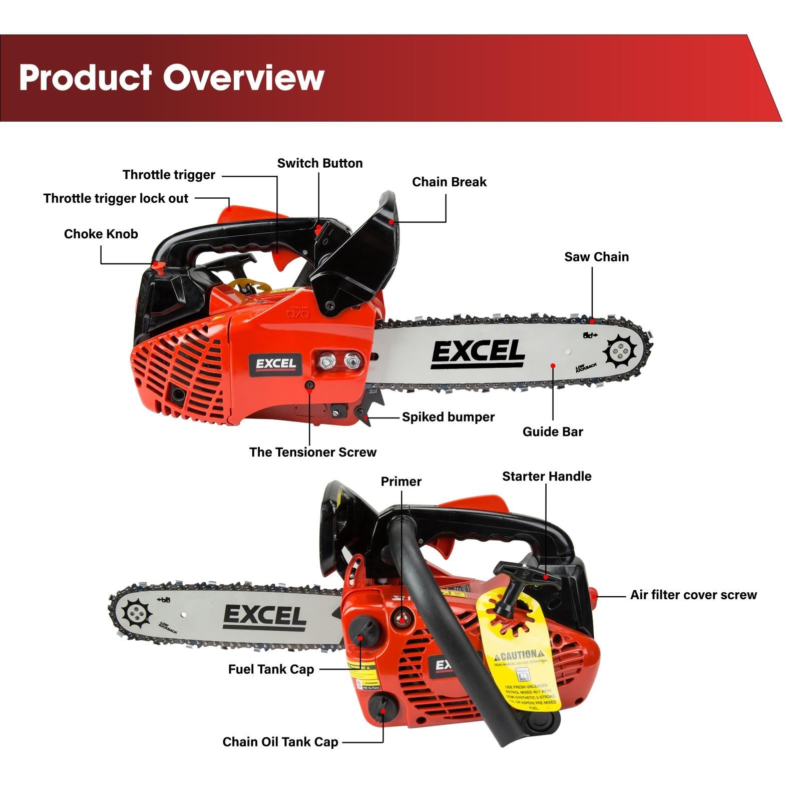 Excel 300mm 25cc Petrol Chainsaw with Engine Oil