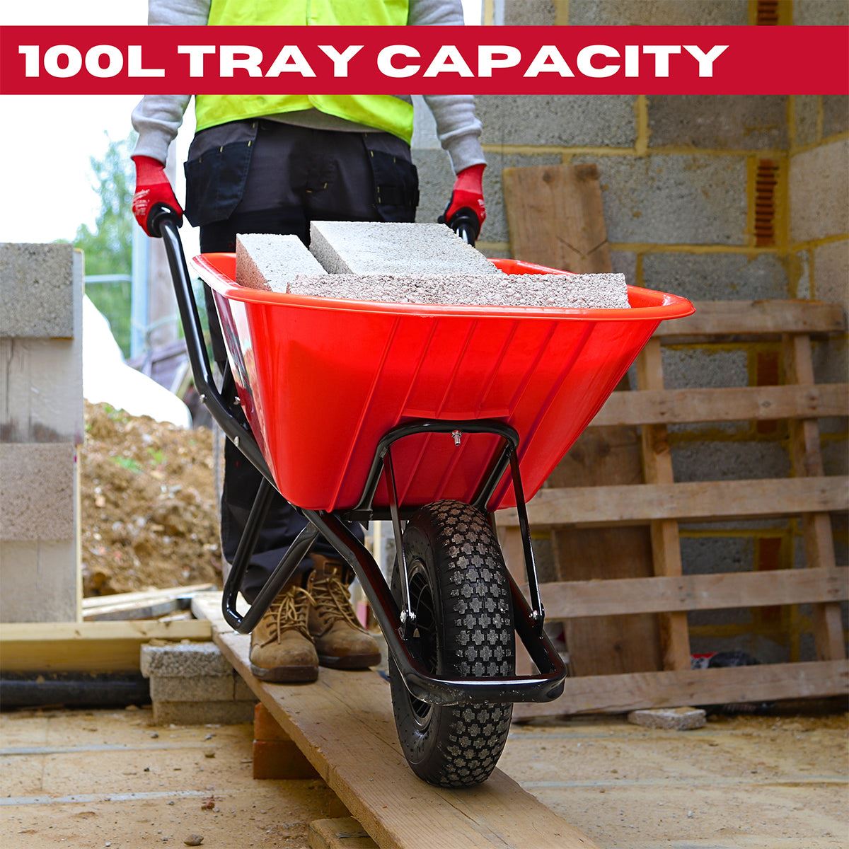 Excel Heavy Duty Wheelbarrow with 100L HDPE Tray Red