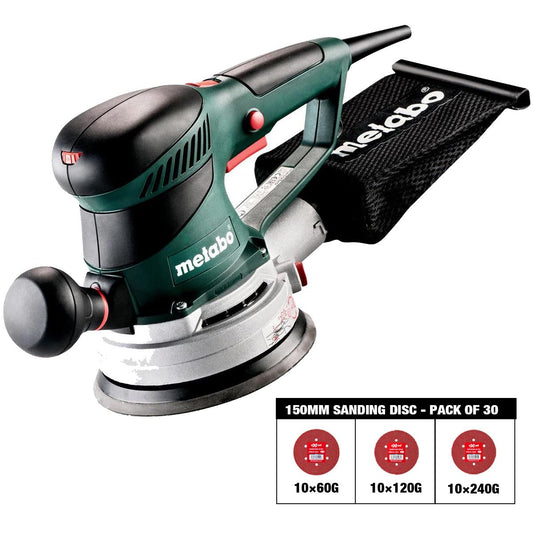 Metabo SXE 450 TurboTec 150mm Random Orbital Sander 110V 600129390 with Sanding Disc 60G, 120G, 240G Pack of 30