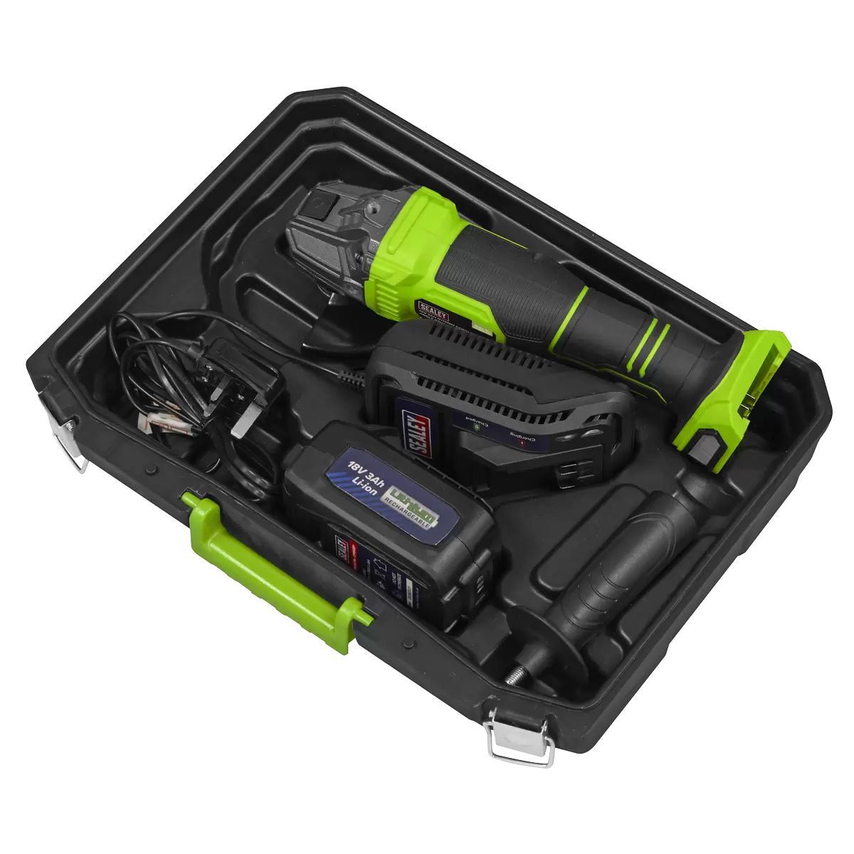 Sealey CP401LIHV 18V Angle Grinder 115mm 1 x 3Ah lithium-ion battery & 2.4A mains charger in a storage case
