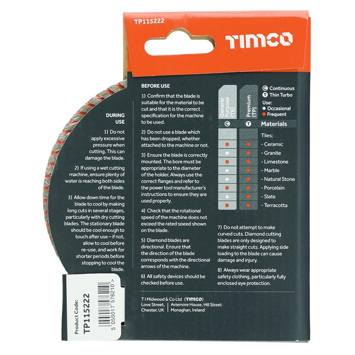 Timco 115mm Premium Thin Turbo Tile & Ceramic Porcelain Diamond Blade - TP115222