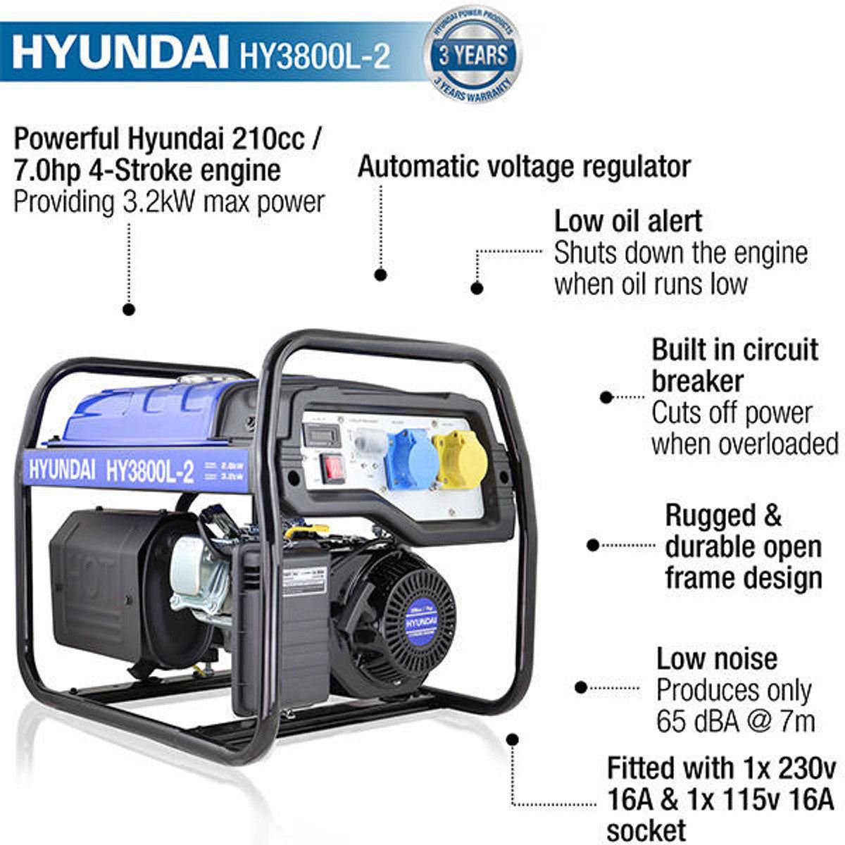 Hyundai HY3800L-2 Petrol Site Open Generator with Recoil Start 3.2kW / 4kVA
