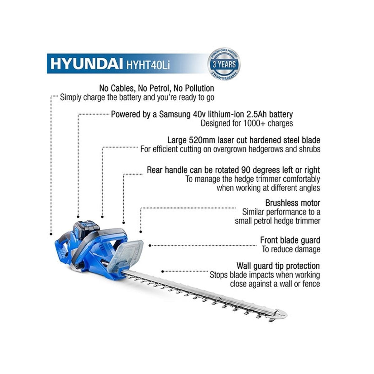 Hyundai HYHT40LI 40V Brushless Hedge Trimmer 520mm With 1 X 2.5Ah Battery and Charger
