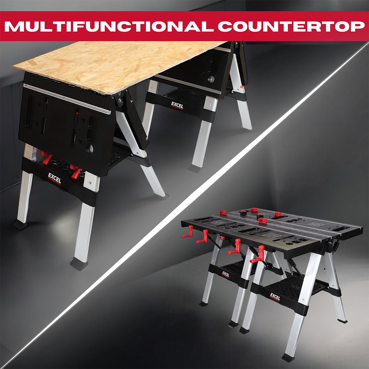 Excel Portable Workbench & Sawhorse Adjustable Height Folding Work Table with Flip-Top Clamping System Item Condition Damaged Box