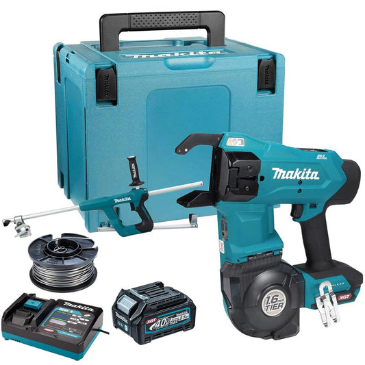 Makita TR001GZ 40V Max XGT Brushless Rebar Tying Tool With Annealed Tie Wire + Extension Handle Set With 1 x 2.5Ah Battery Charger & Case