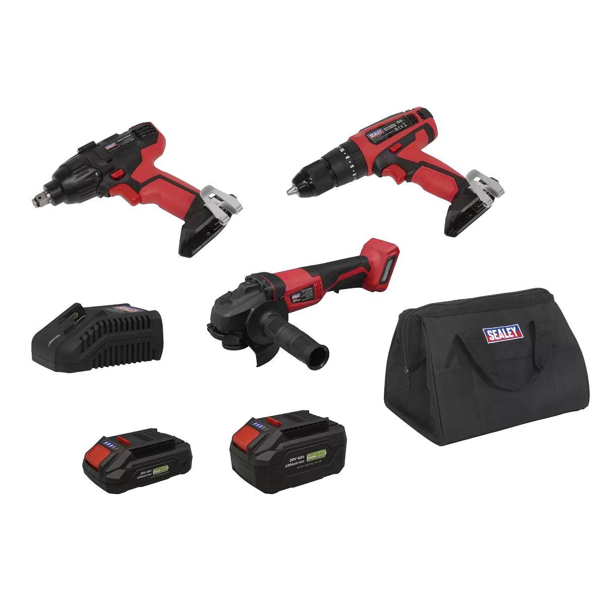Sealey CP20VCOMBO1EU 20V Cordless 3 X Power Tool Kit Euro Plug With 2 Batteries & Charges