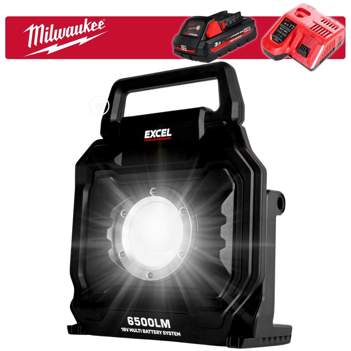 Excel 18V/240V LED Work Light 6500 Lumens with Milwaukee 1 x 3.0Ah High Output Battery & Charger
