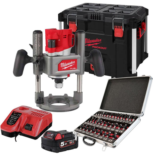 Milwaukee M18FR12KIT 18V Fuel Brushless 1/2" Router Cutter with 1 x 5.0Ah Battery, Charger, Case & 35 Piece Cutter Set