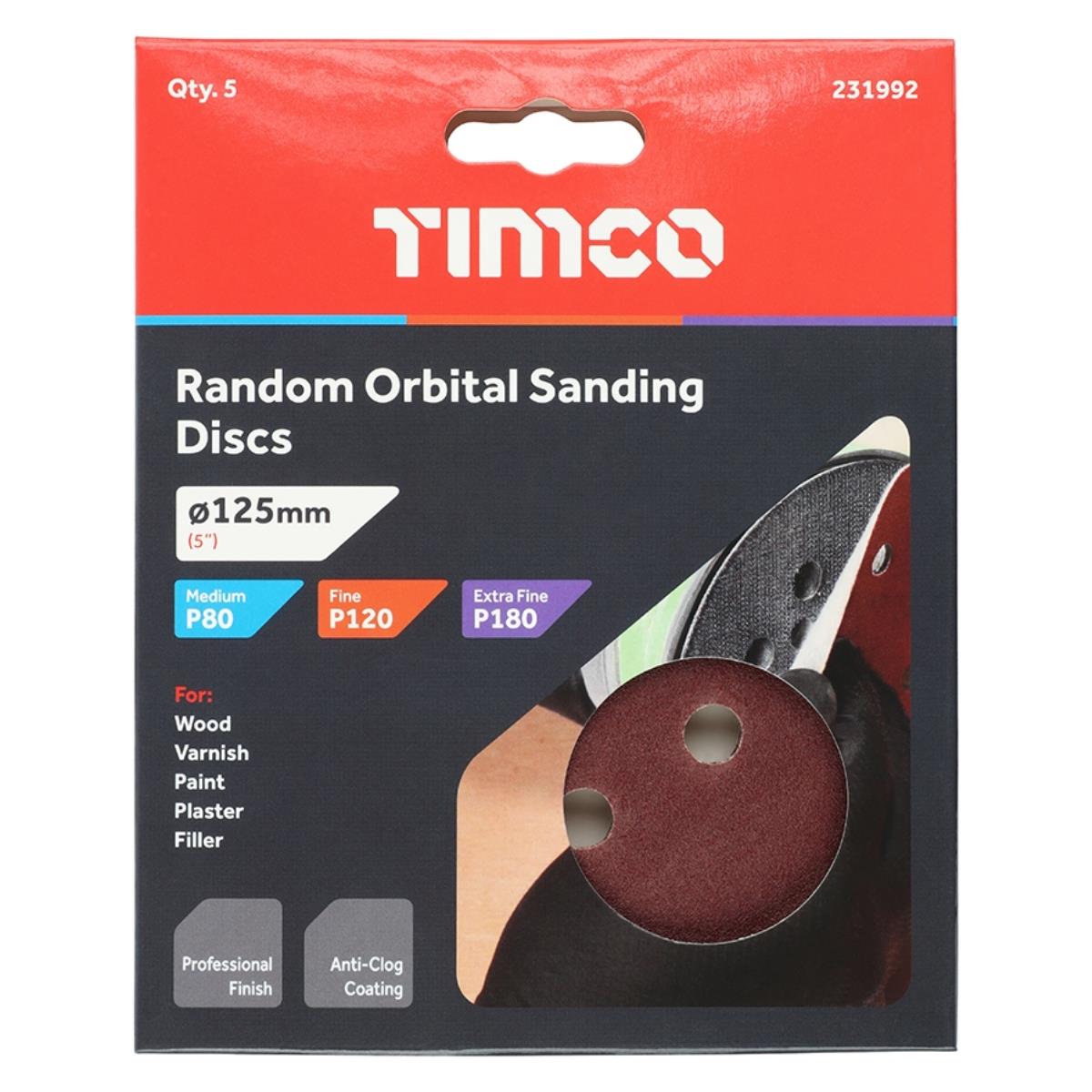 Timco 125mm Random Orbital Sanding Discs 80/120/180 Grit Mixed Pack of 5 - 231992