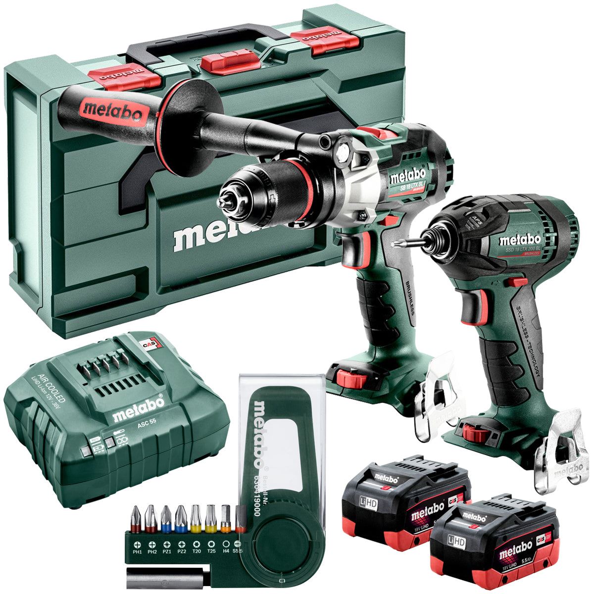 Metabo 2.1.15 18V Brushless Hammer Drill & Impact Driver with 2 x 5.5Ah Batteries Charger, 9 Pieces Screwdriver Bit Set