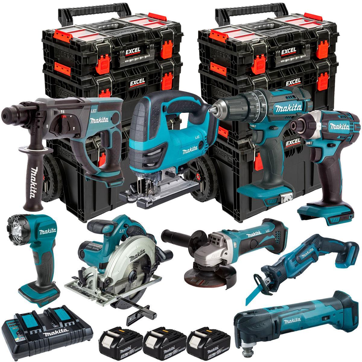 Makita 18V 9 Piece Combo Kit with 3 x 5.0Ah Battery, Charger & Modular Tool Box 3 Piece Set T4TKIT-24416