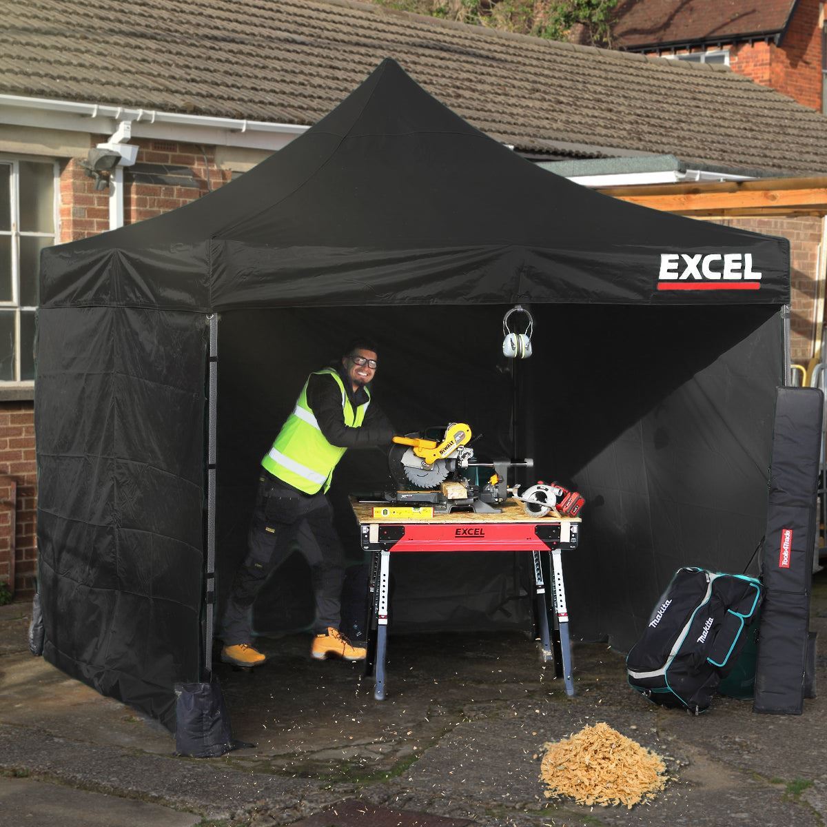 Excel Steel Gazebo 3m x 3m Black with Wheel Bag, Wall panel, Sand Bag