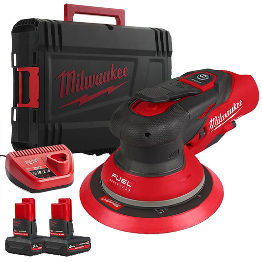 Milwaukee M12FROS5-502X 12V Brushless 150mm Random Orbital Sander with 2 x M12HB5 5.0Ah Battery, Charger & Case 4933493652