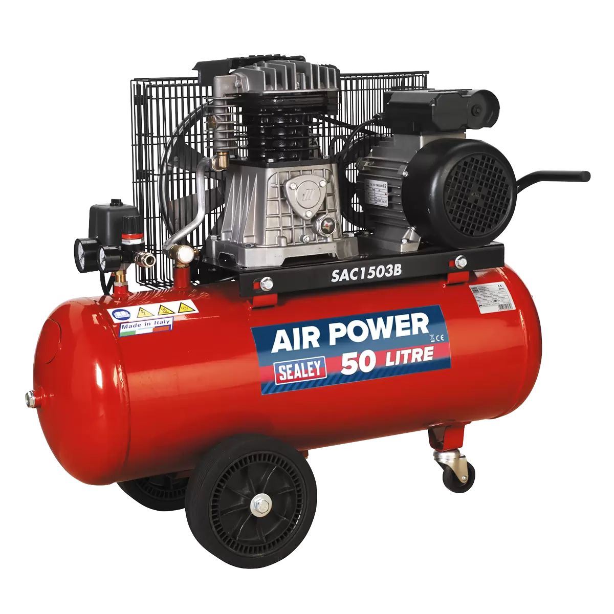 Sealey SAC1503B 50L Belt Drive Air Compressor with Cast Cylinders & Wheels 230V/13A