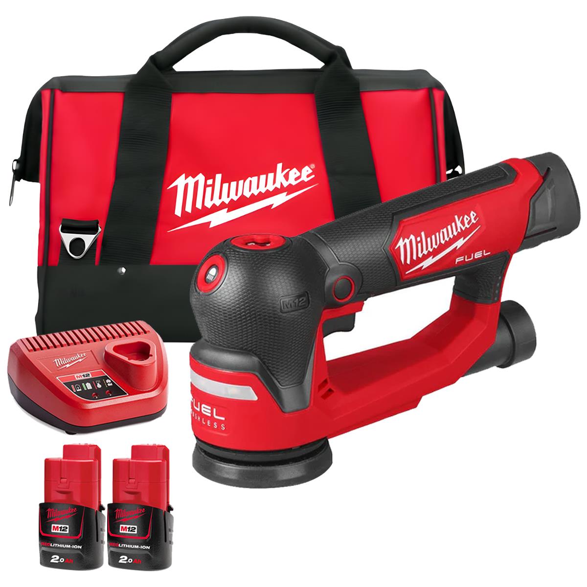 Milwaukee M12FSDR75-202B 12V Brushless 75mm Random Orbit Sander with 2 x 2.0Ah Batteries Charger & Bag 4933498234