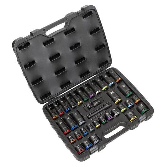 Sealey AK5636M Lock-On Standard & Deep Impact Socket Set 34pc 1/2"Sq Drive 6pt Metric