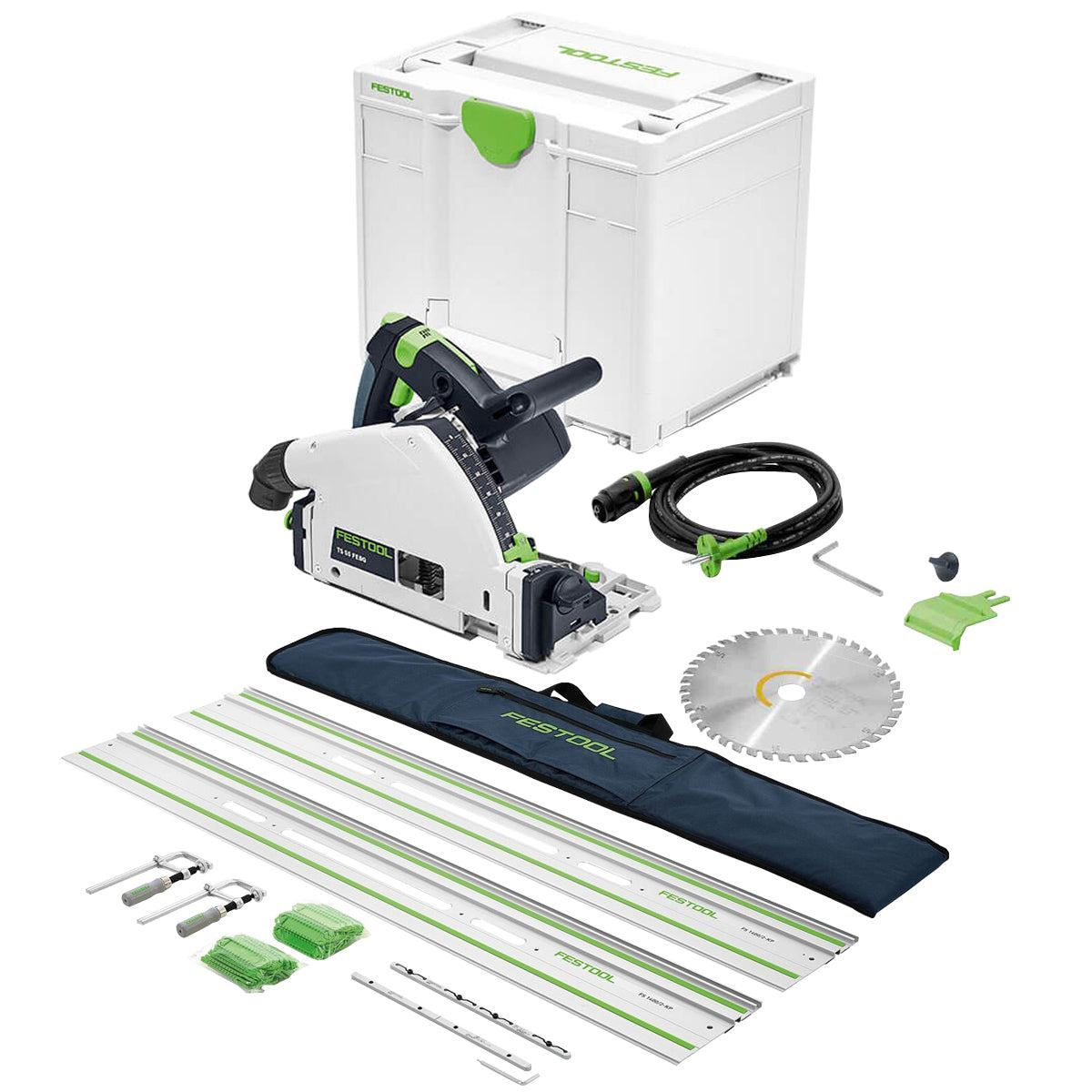 Festool TS 55 FEBQ-Plus 230V GB 160mm Plunge-Cut Saw - 576706 With Guide Rail Kit Set 577932 & Dust Extractor 578315
