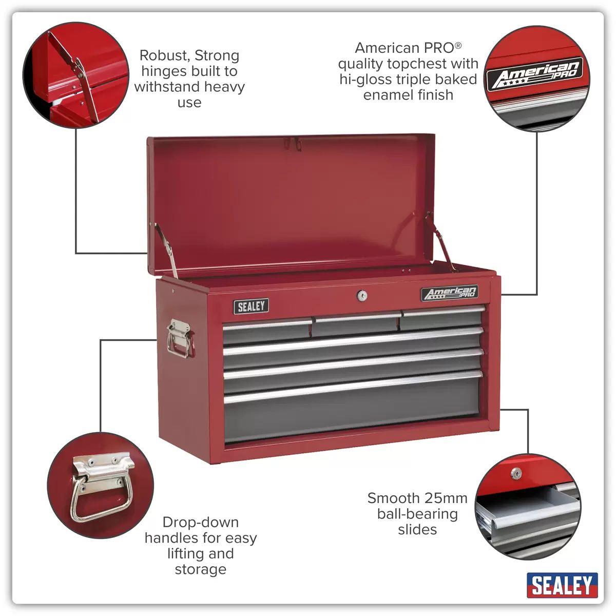 Sealey AP2201BB 6 Drawer Topchest with Ball-Bearing Slides Red/Grey