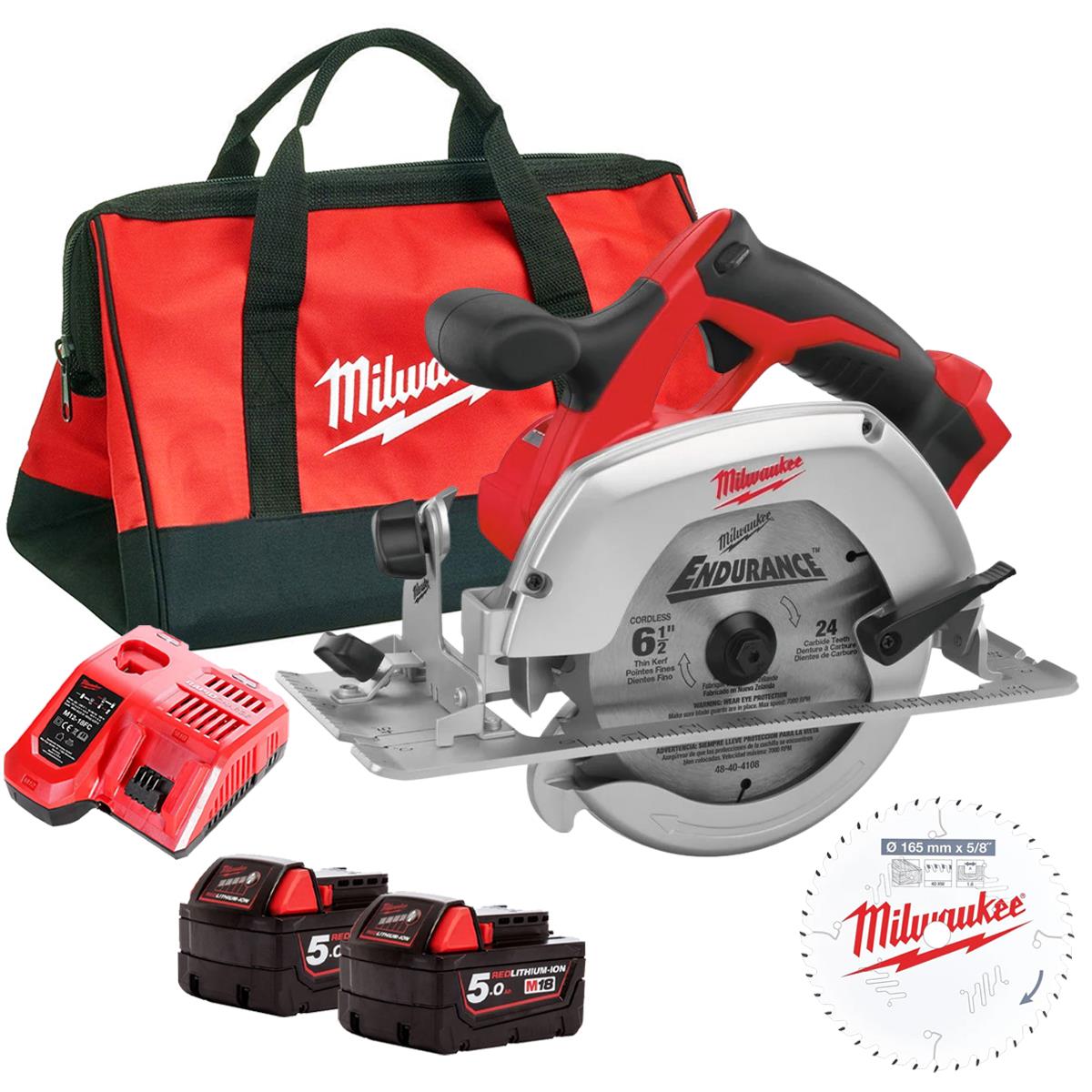 Milwaukee M18HD18CS-0 18V 165mm Circular Saw with 2 x 5.0Ah Batteries Charger Bag & 40T Wood Blade