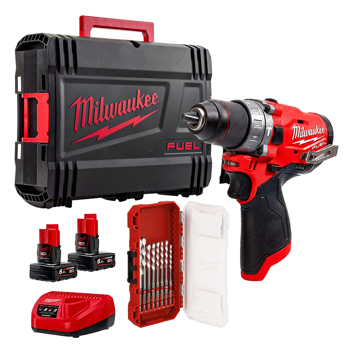 Milwaukee M12FPD2-602X 12V FUEL Brushless Combi Drill with 2 x 6.0Ah Batteries, Charger, Case & 8 Piece Drill Bit Set