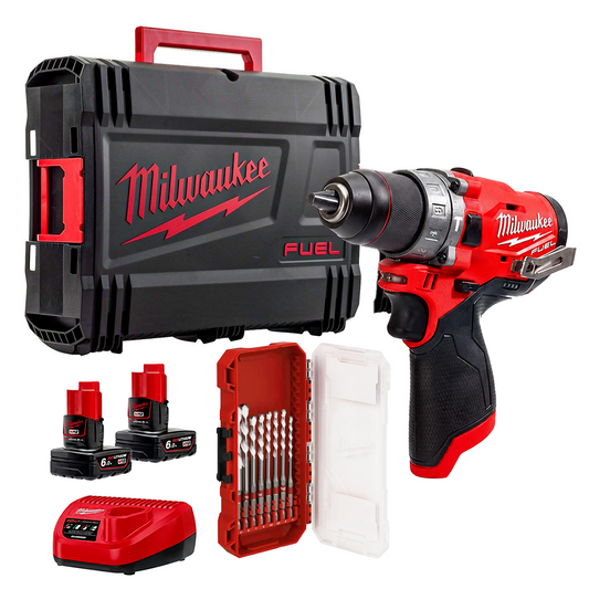 Milwaukee M12FPD2-602X 12V FUEL Brushless Combi Drill with 2 x 6.0Ah Batteries, Charger, Case & 8 Piece Drill Bit Set
