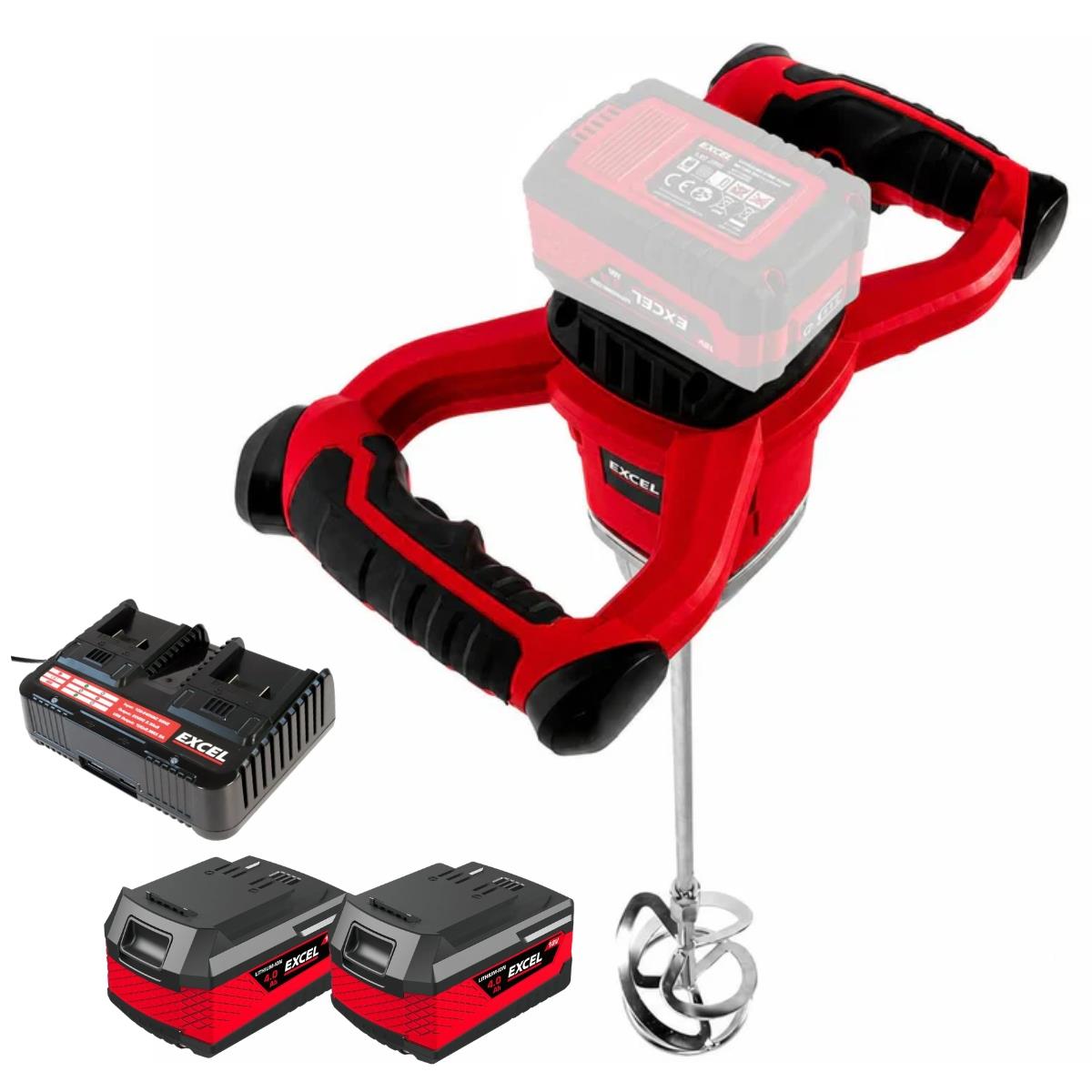 Excel 18V Brushless Paddle Mixer with 2 x 4.0Ah Battery & Dual Port Battery