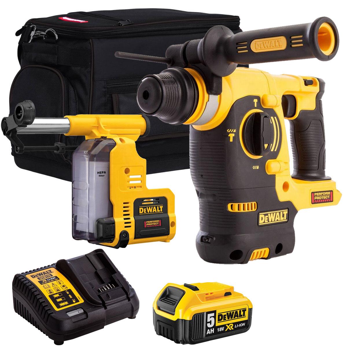Dewalt DCH253N 18V XR SDS+ Rotary Hammer Drill With Dust Extraction System & 1 x 5.0Ah Battery Charger, Bag