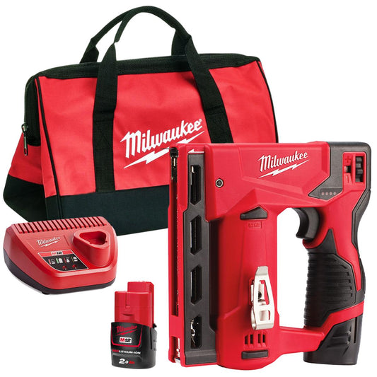 Milwaukee M12BST-0 12V Sub Compact Second Fix Stapler with 1 x 2.0Ah Battery Charger & Bag