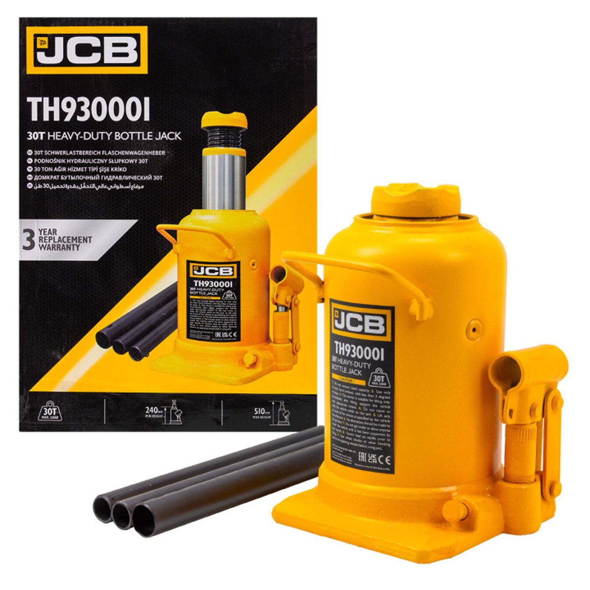 JCB TH930001 30 Tonne Heavy-Duty Automotive Hydraulic Bottle Jack, 510mm Maximum Lift