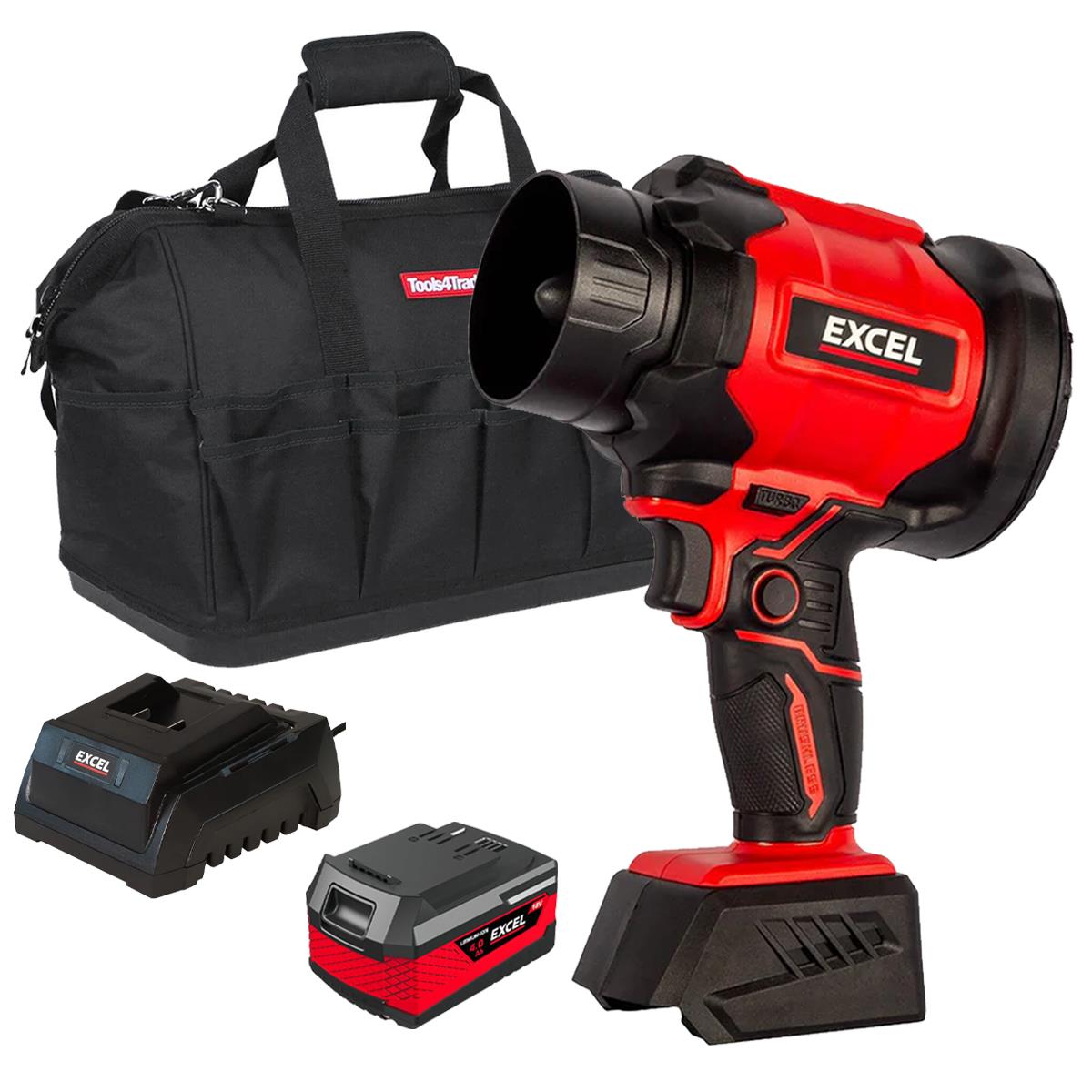 Excel 18V Brushless Storm Blower Turbo Mode with 1 x 4.0Ah Battery, Fast Charger & Bag