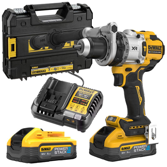 Dewalt DCD1007H2T-GB 18V XR Brushless Combi Drill With 2 x 5.0Ah Powerstack Batteries, Charger & Case