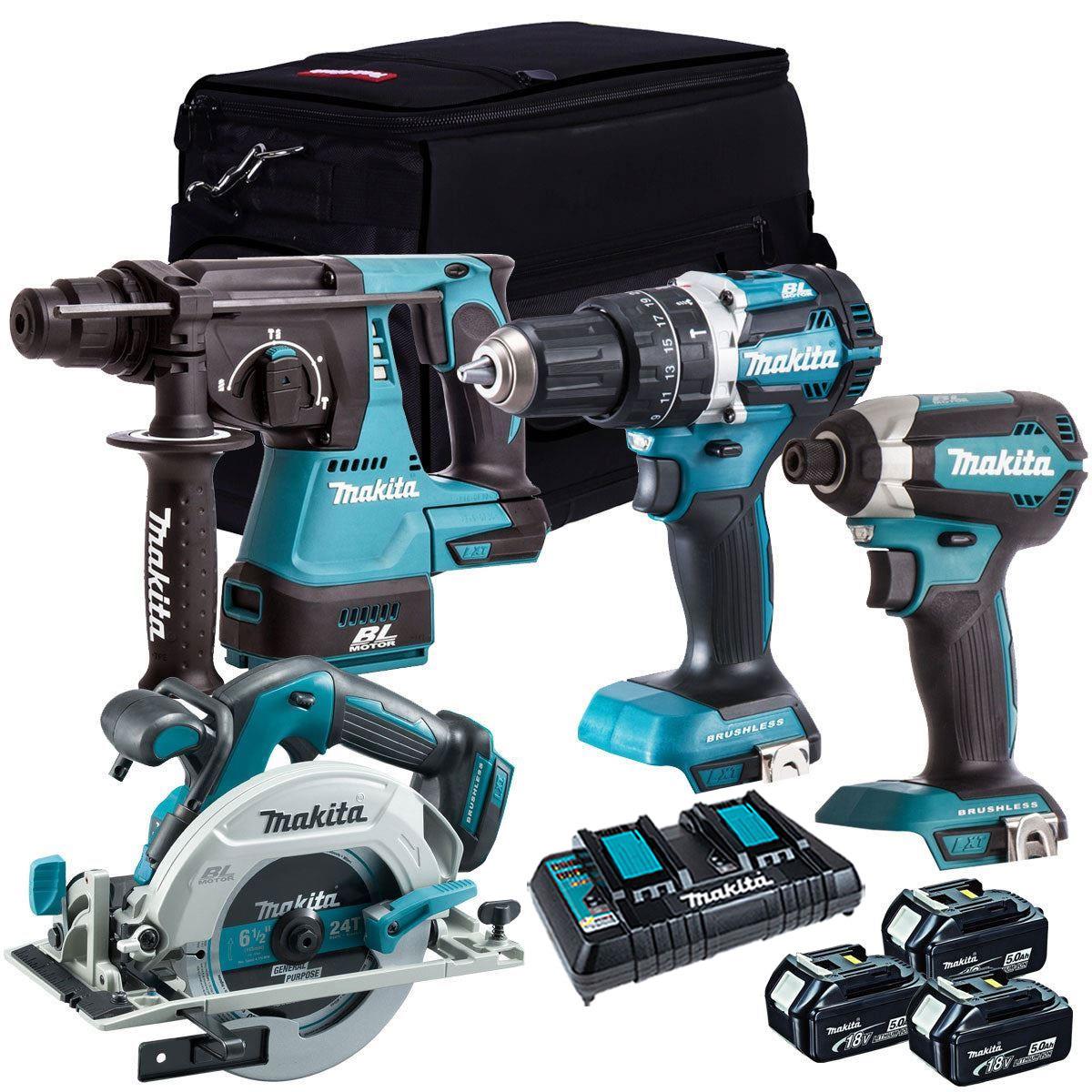 Makita 18V Brushless 4 Piece Tool Kit with 3 x 5.0Ah Batteries Charger & Bag