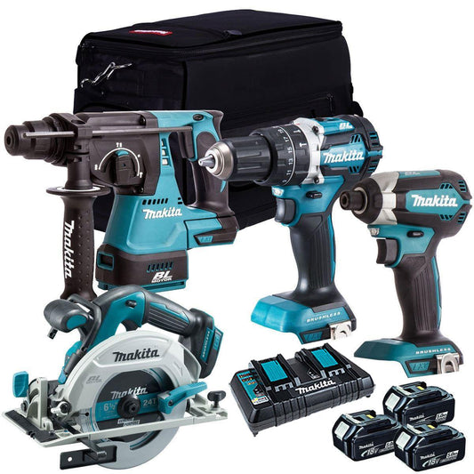 Makita 18V Brushless 4 Piece Tool Kit with 3 x 5.0Ah Batteries Charger & Bag