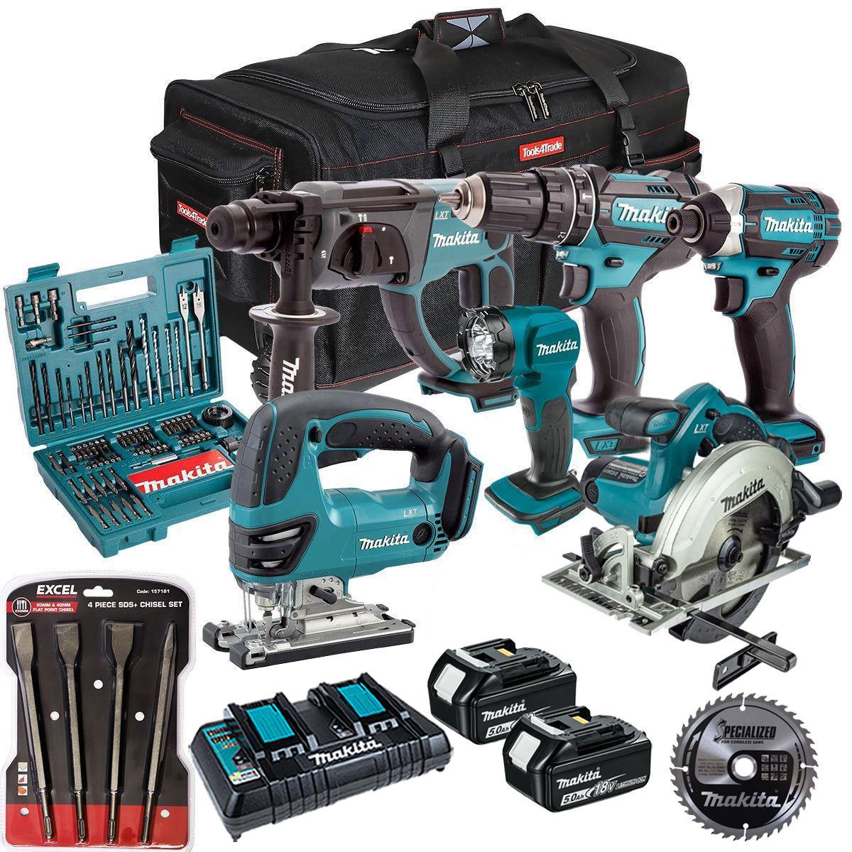 Makita 18V 6 Piece Combo Kit with 2 x 5.0Ah Battery Charger & Accessories Set T4TKIT-17214