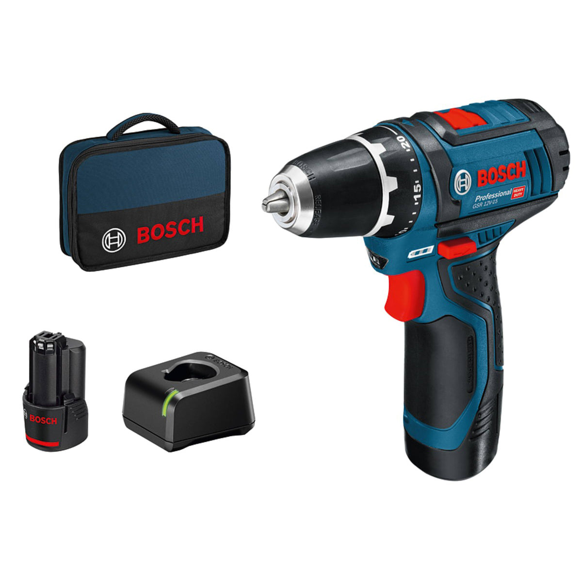 Bosch GSR 12V-15 Professional Drill Driver with 2 x 2.0Ah Batteries & Charger in Bag 060186817A