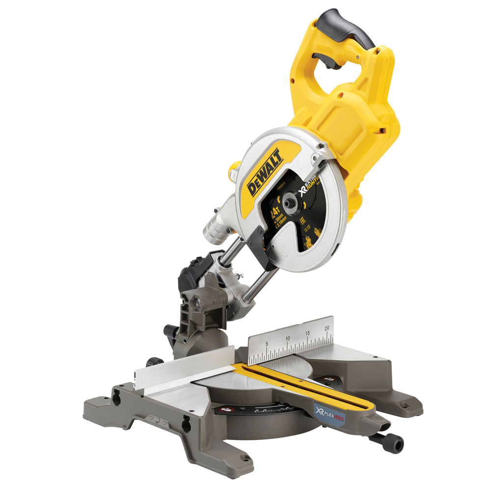 Dewalt DCS777T2 54V Flexvolt Brushless 216mm Mitre Saw with 2 x 6.0Ah Batteries, Charger & DE7033 Leg Stand