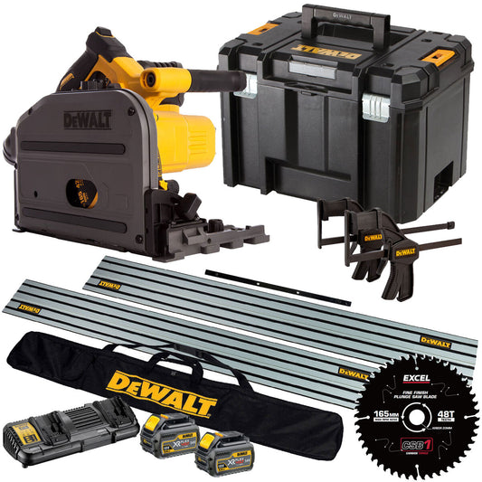 Dewalt DCS520T2 54V Flexvolt Brushless 165mm Plunge Saw 2 x 6.0Ah Battery Dual Port Charger Case, Accessories with Blade