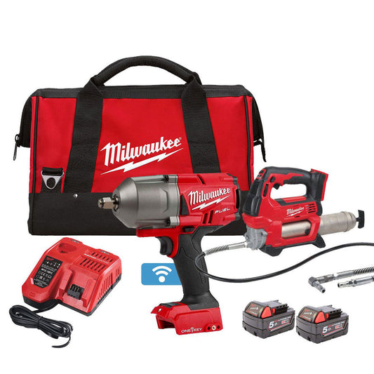 Milwaukee M18ONEPP2Q-502B 18V Fuel ONE-KEY Brushless Impact Wrench & Grease Gun with 2 x 5.0Ah Batteries Charger & Bag 4933480467