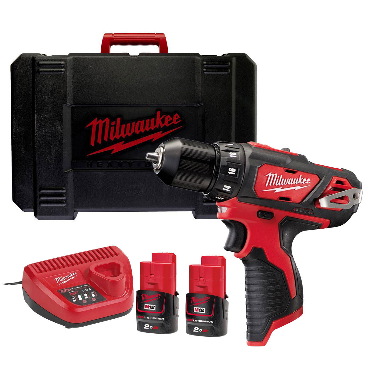 Milwaukee M12BDD-202C 12V Sub Compact Drill Driver with 2 x 2.0Ah Battery Charger & Case 4933443891