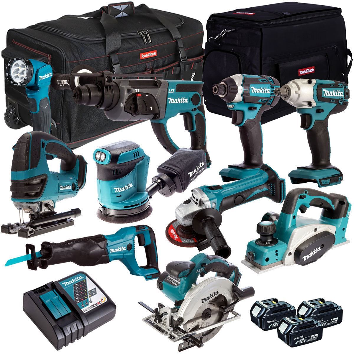 Makita 10 Piece Power Tool Kit 18V LXT 3 x 5.0Ah Batteries T4TKIT-263